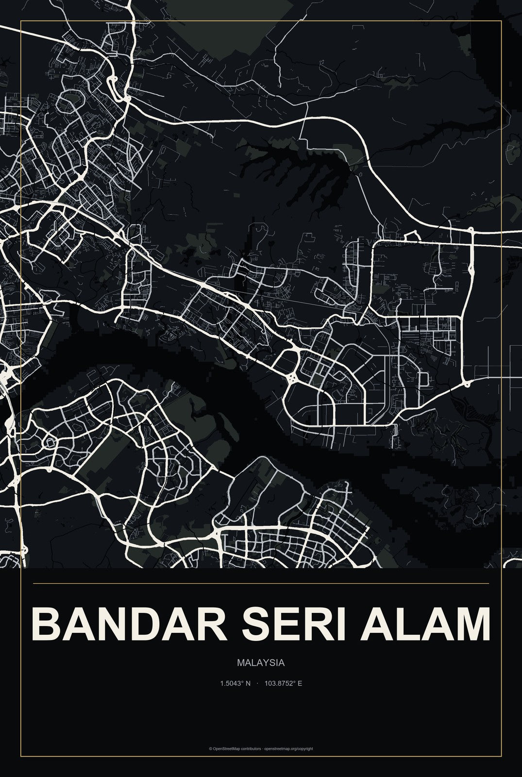Bandar Seri Alam, Malaysia City Map Aluminum Sign in Metropolitan Noir style