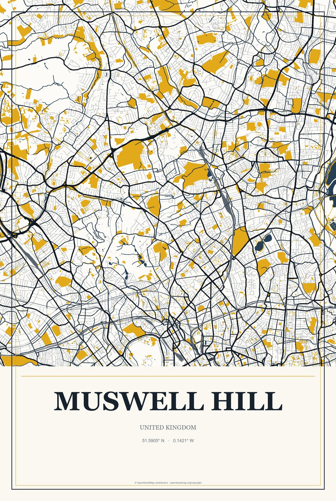 Muswell Hill, United Kingdom City Map Aluminum Sign in Citrine Modern style