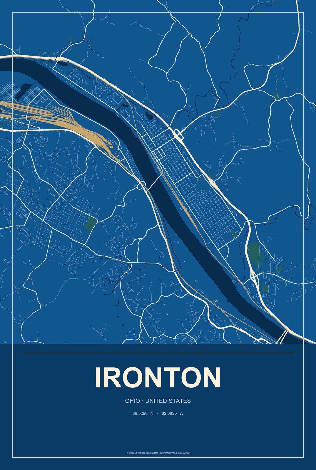 Ironton, Ohio City Map Aluminum Sign in Harbor Cobalt style