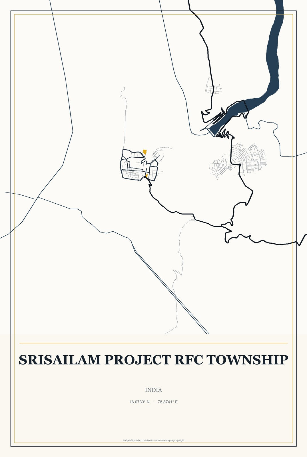 Srisailam Project RFC Township, India City Map Aluminum Sign in Citrine Modern style