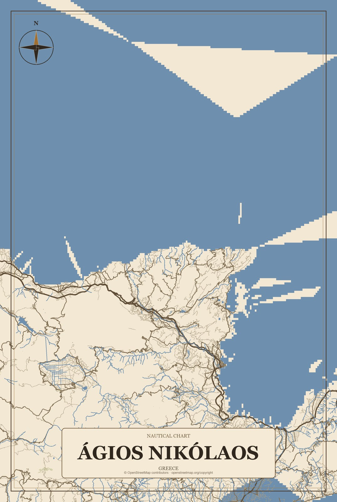 Ágios Nikólaos, Greece City Map Aluminum Sign in Heritage Nautical style