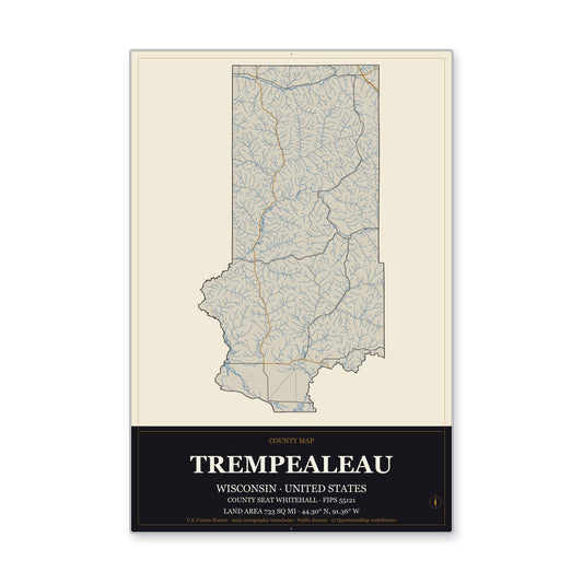 Trempealeau County, Wisconsin Map Aluminum Sign in Museum Plaque style