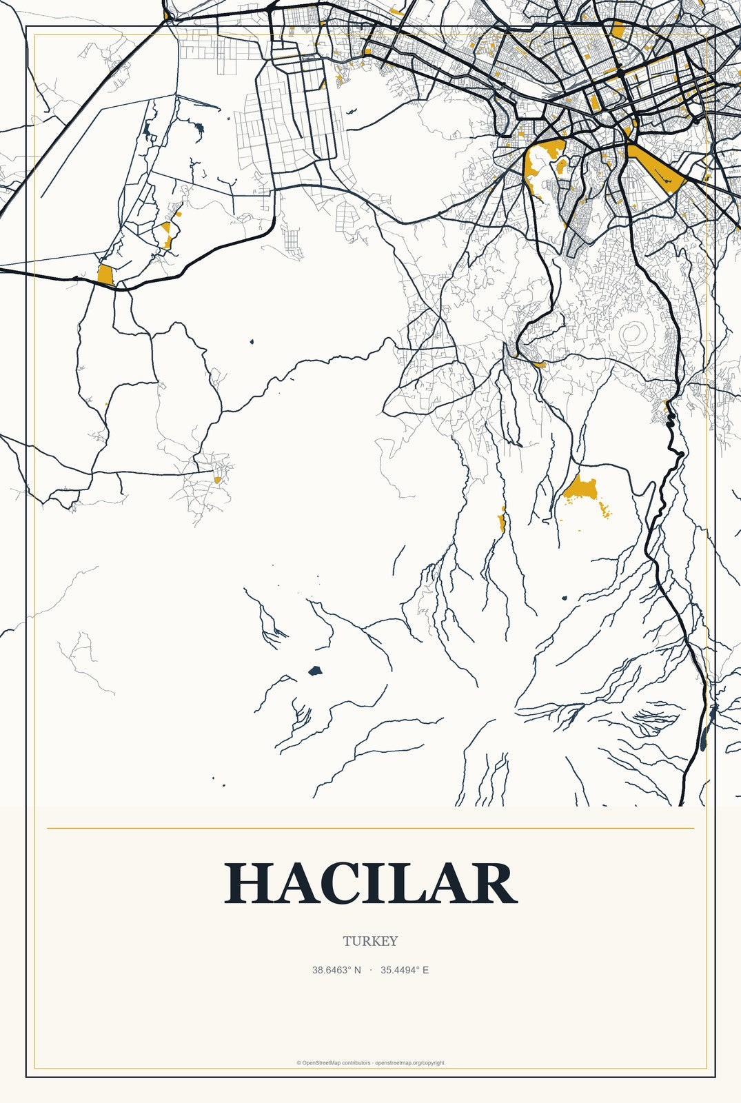 Hacılar, Turkey City Map Aluminum Sign in Citrine Modern style