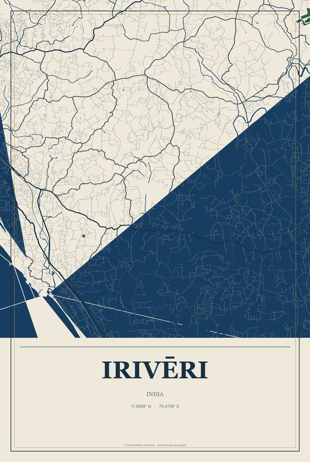 Irivēri, India City Map Aluminum Sign in Coastal Cutout style