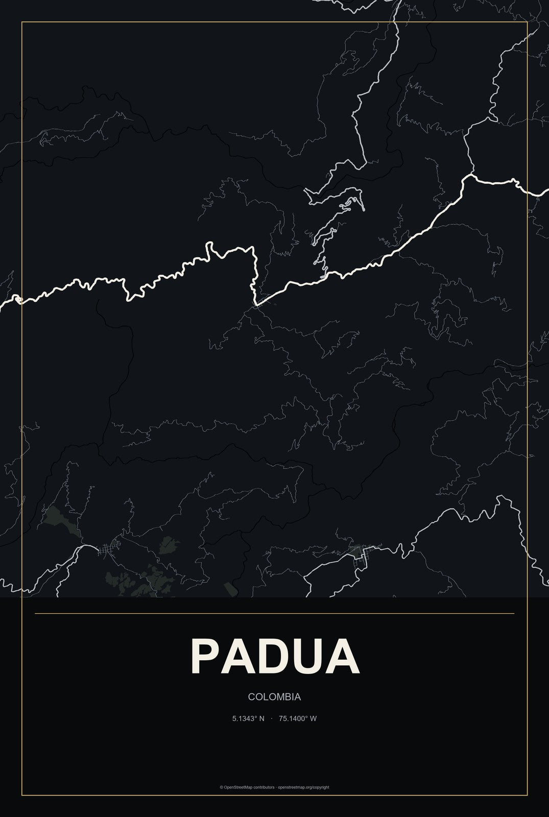 Padua, Colombia City Map Aluminum Sign in Metropolitan Noir style