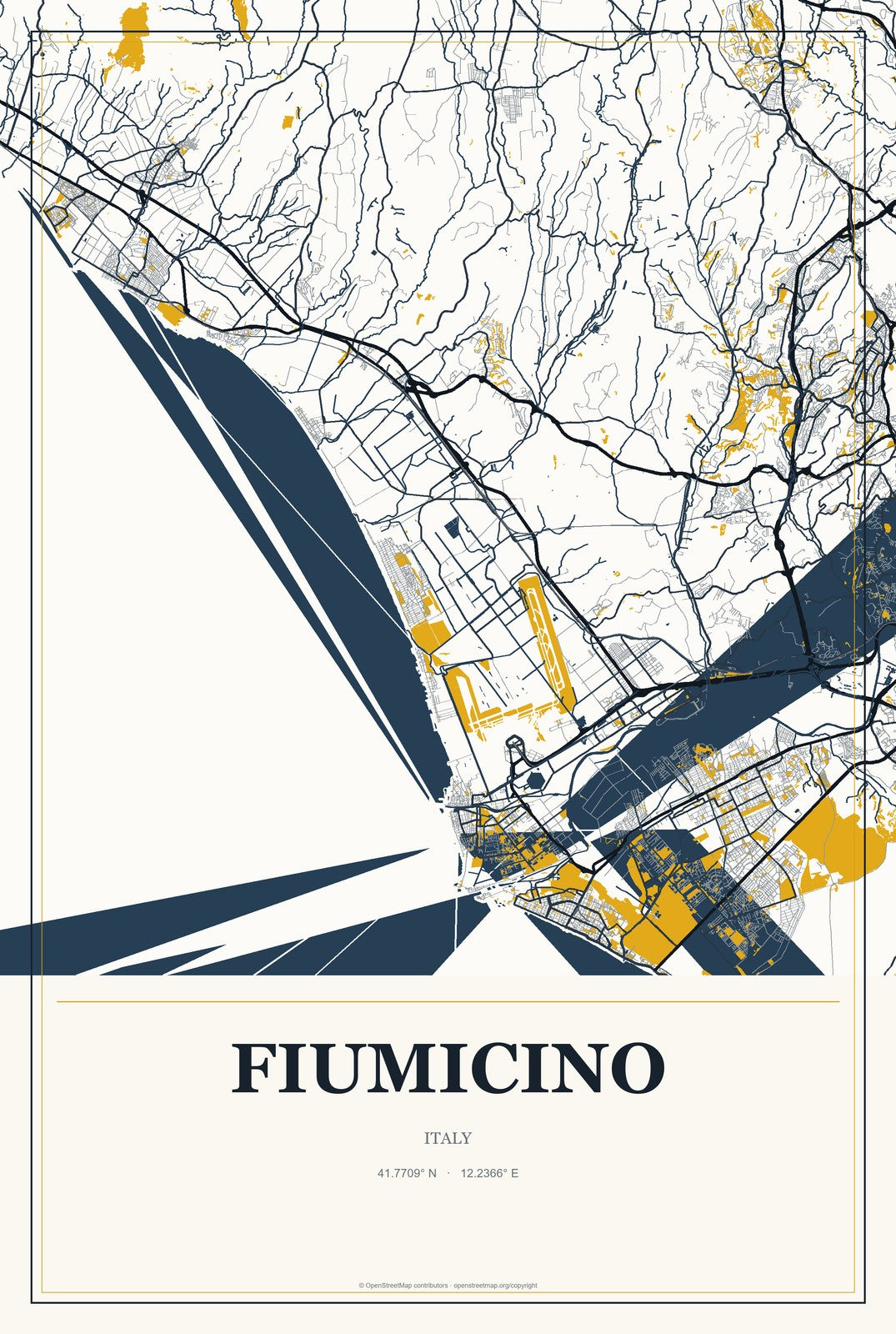 Fiumicino, Italy City Map Aluminum Sign in Citrine Modern style