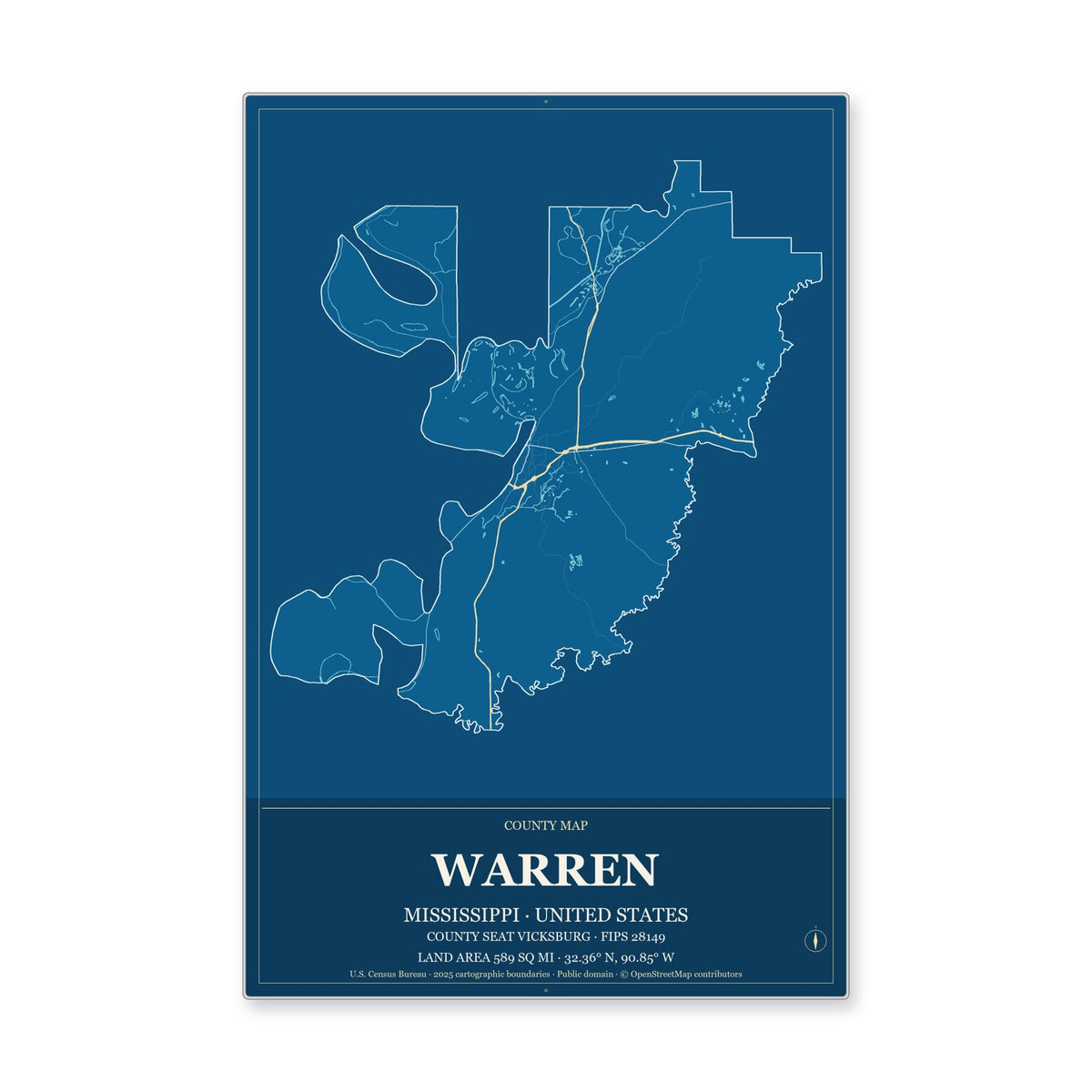 Warren County, Mississippi Map Aluminum Sign in Harbor Cobalt style