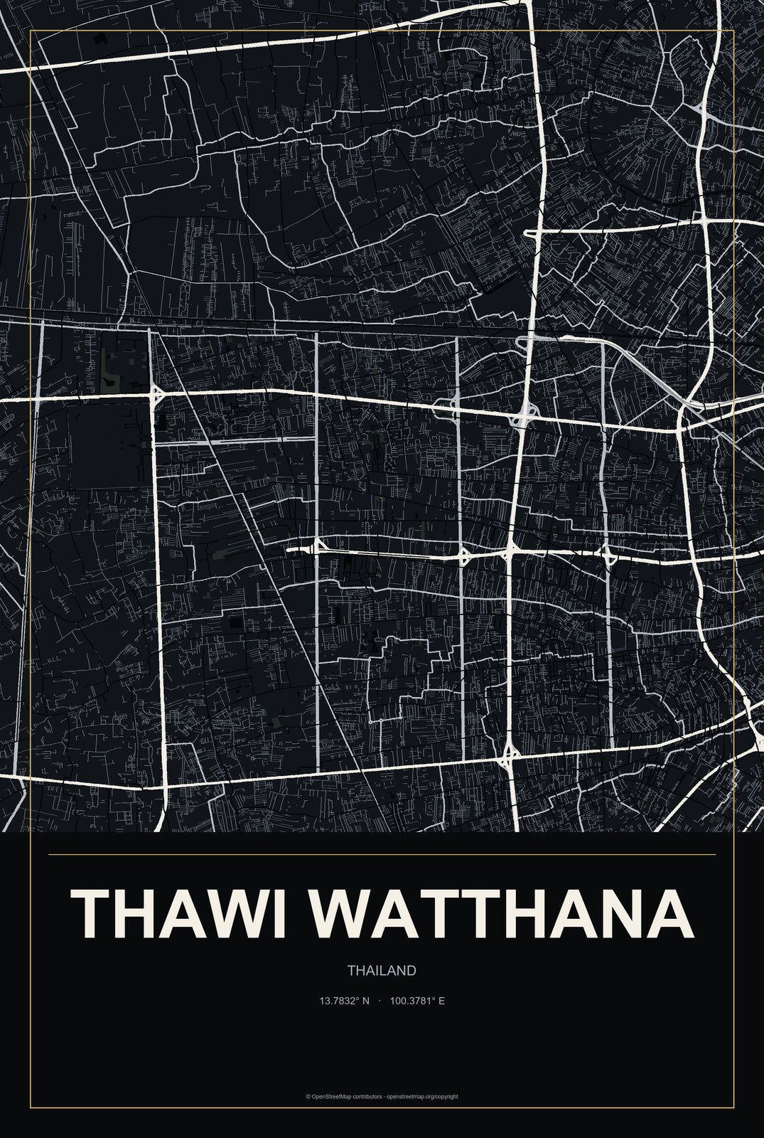 Thawi Watthana, Thailand City Map Aluminum Sign in Metropolitan Noir style