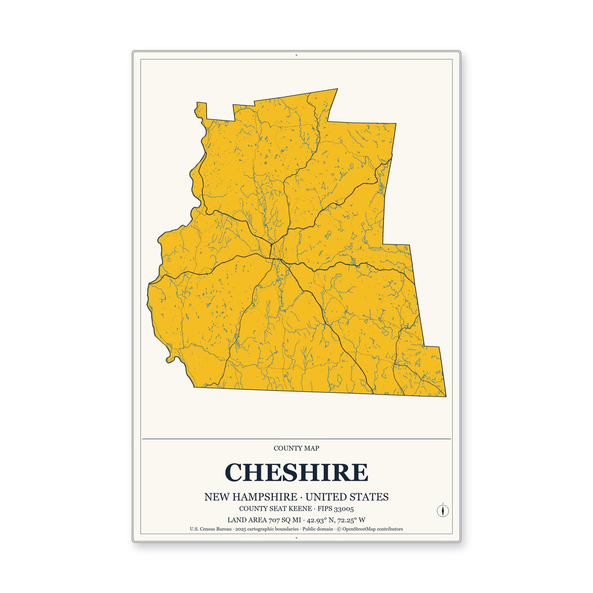 Cheshire County, New Hampshire Map Aluminum Sign in Citrine Modern style