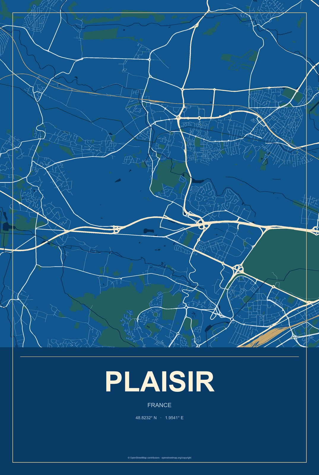 Plaisir, France City Map Aluminum Sign in Harbor Cobalt style