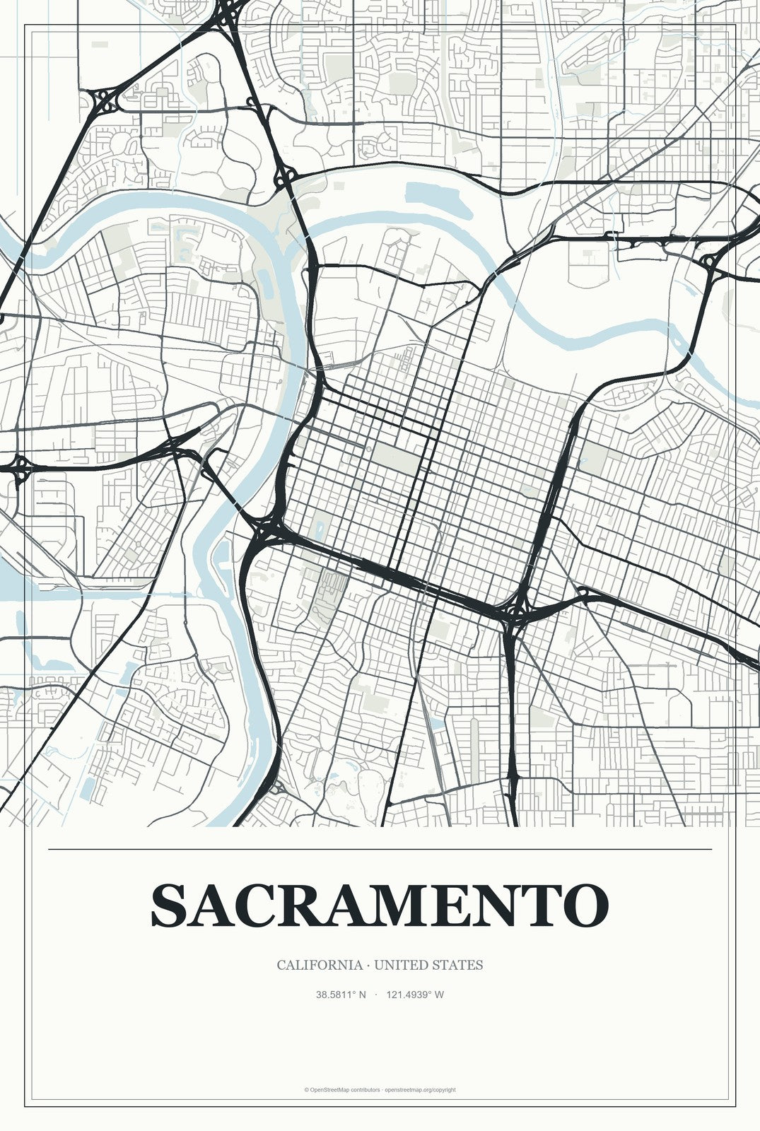 Sacramento, California City Map Aluminum Sign in Gallery Air style