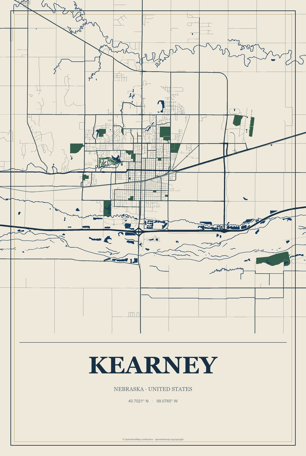 Kearney, Nebraska City Map Aluminum Sign in Coastal Cutout style