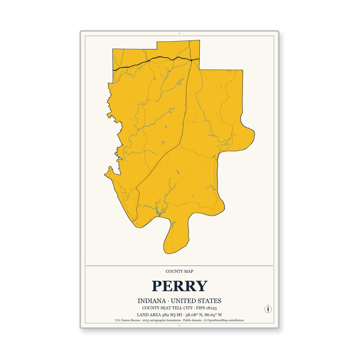 Perry County, Indiana Map Aluminum Sign in Citrine Modern style