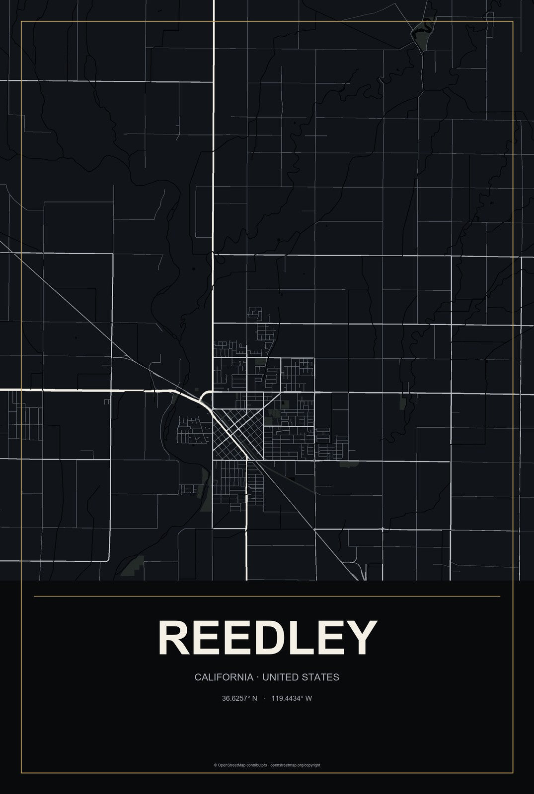 Reedley, California City Map Aluminum Sign in Metropolitan Noir style