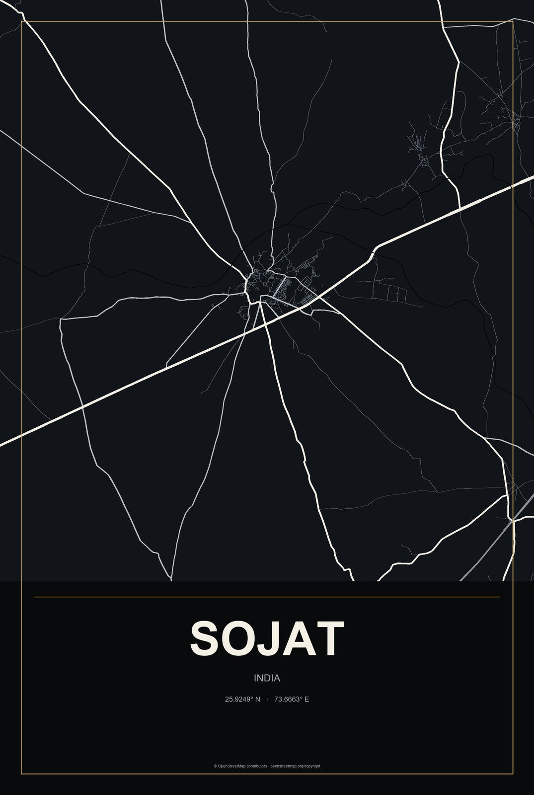 Sojat, India City Map Aluminum Sign in Metropolitan Noir style