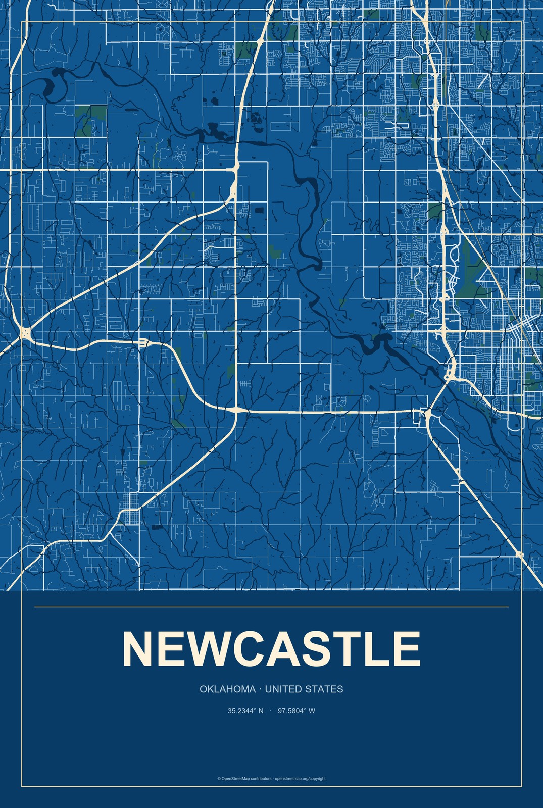 Newcastle, Oklahoma City Map Aluminum Sign in Harbor Cobalt style