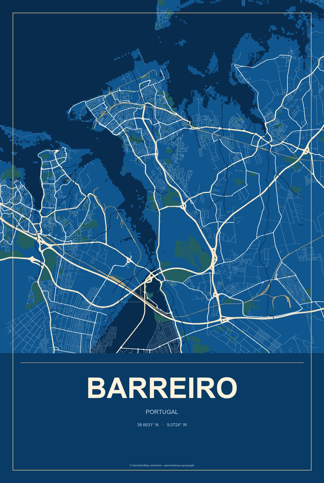 Barreiro, Portugal City Map Aluminum Sign in Harbor Cobalt style