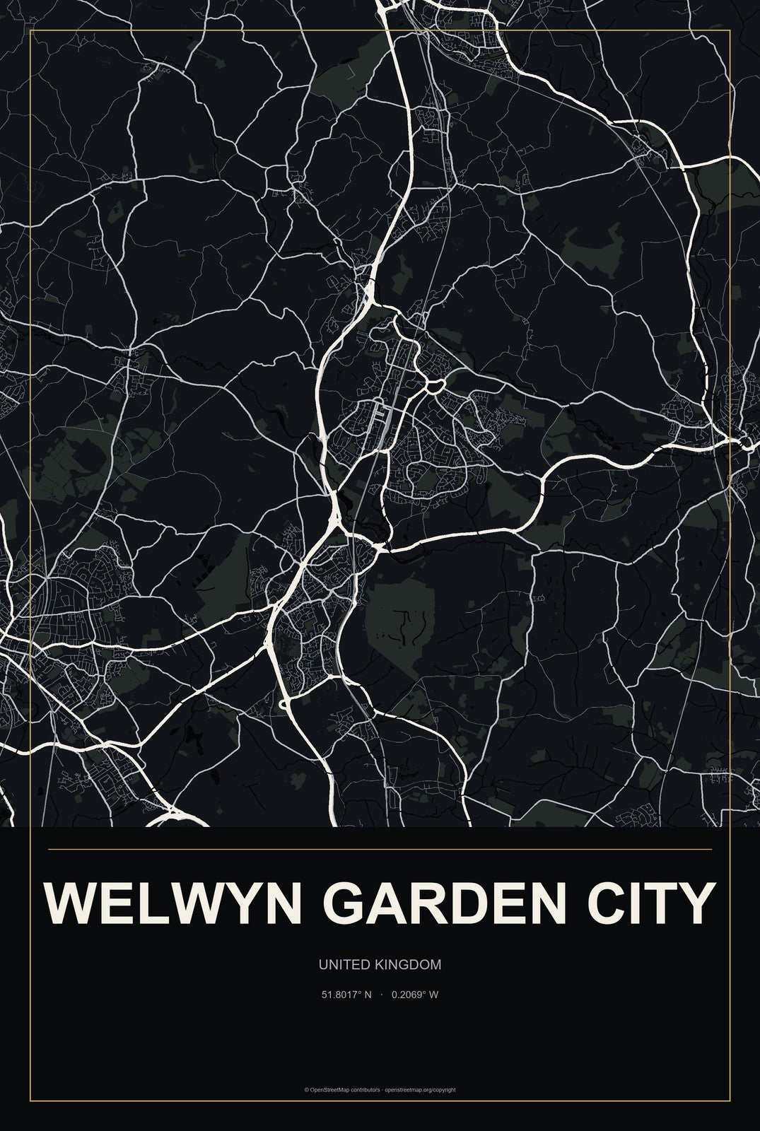 Welwyn Garden City, United Kingdom City Map Aluminum Sign in Metropolitan Noir style