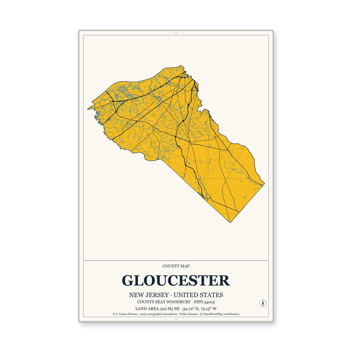 Gloucester County, New Jersey Map Aluminum Sign in Citrine Modern style
