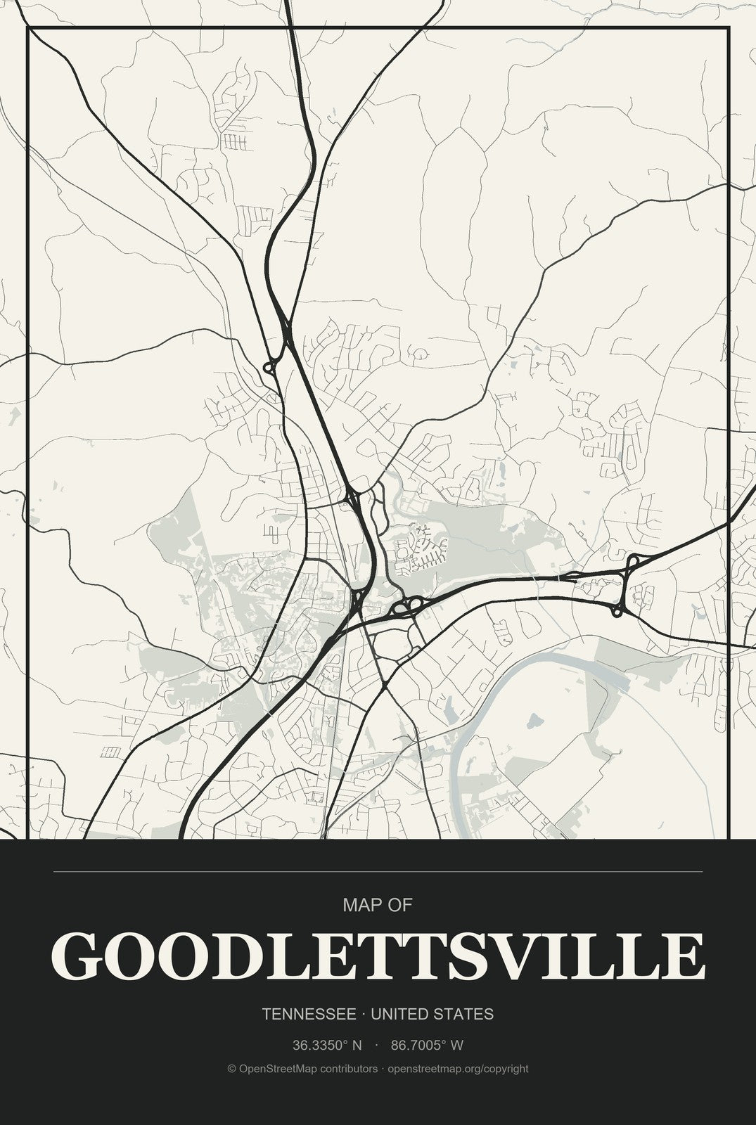 Goodlettsville, Tennessee City Map Aluminum Sign in Museum Plaque style