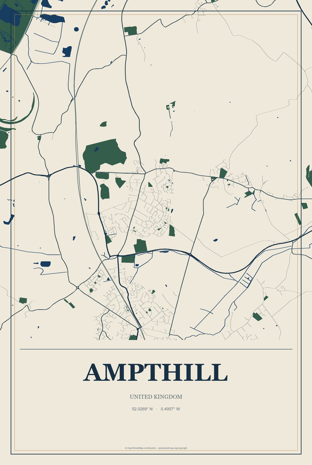 Ampthill, United Kingdom City Map Aluminum Sign in Coastal Cutout style