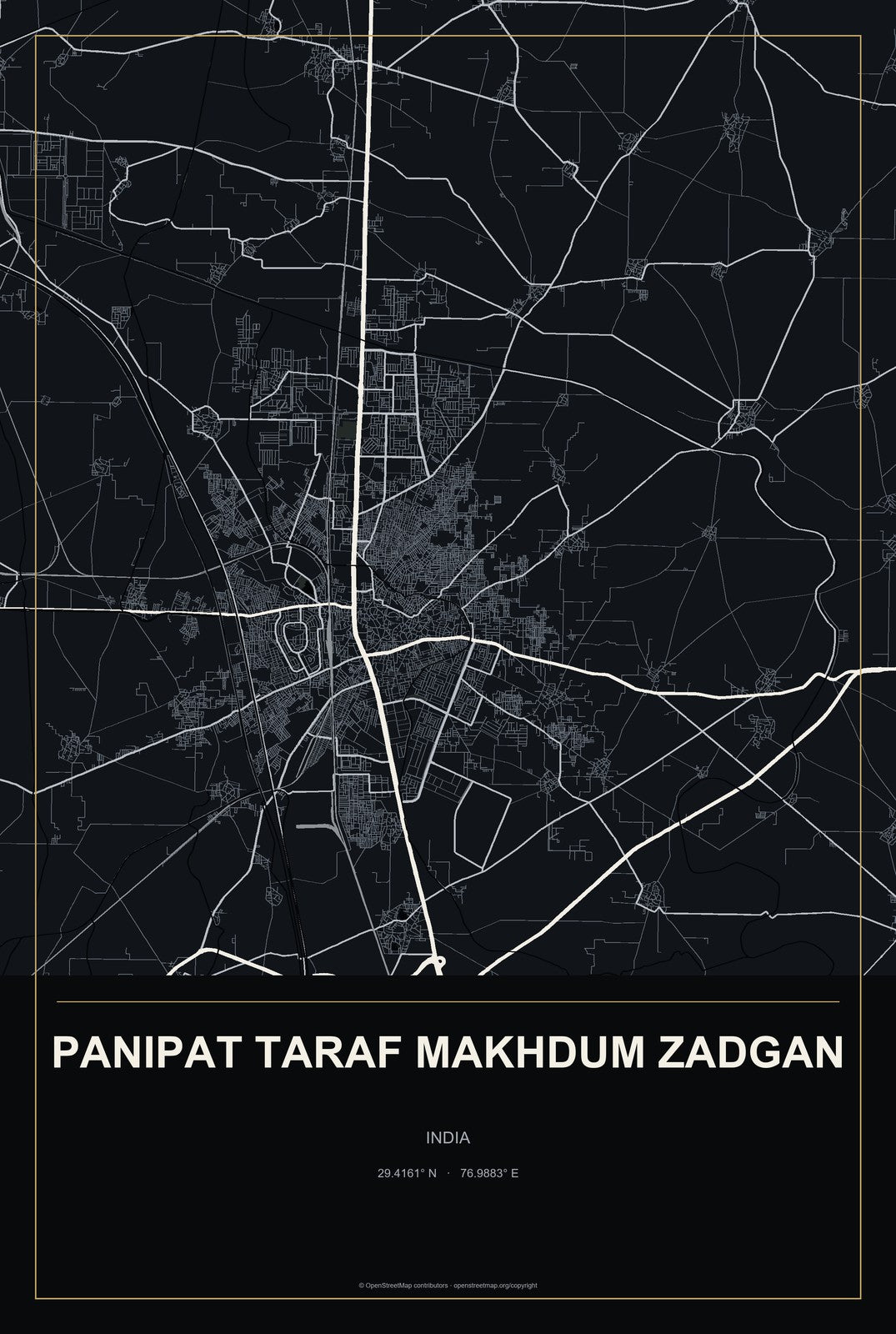 Panipat Taraf Makhdum Zadgan, India City Map Aluminum Sign in Metropolitan Noir style
