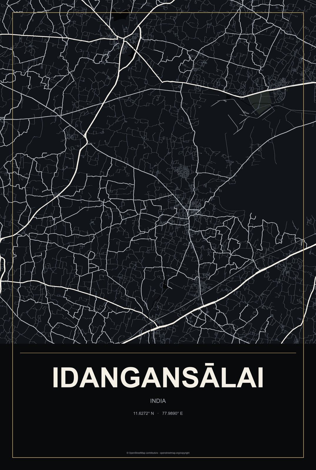 Idangansālai, India City Map Aluminum Sign in Metropolitan Noir style