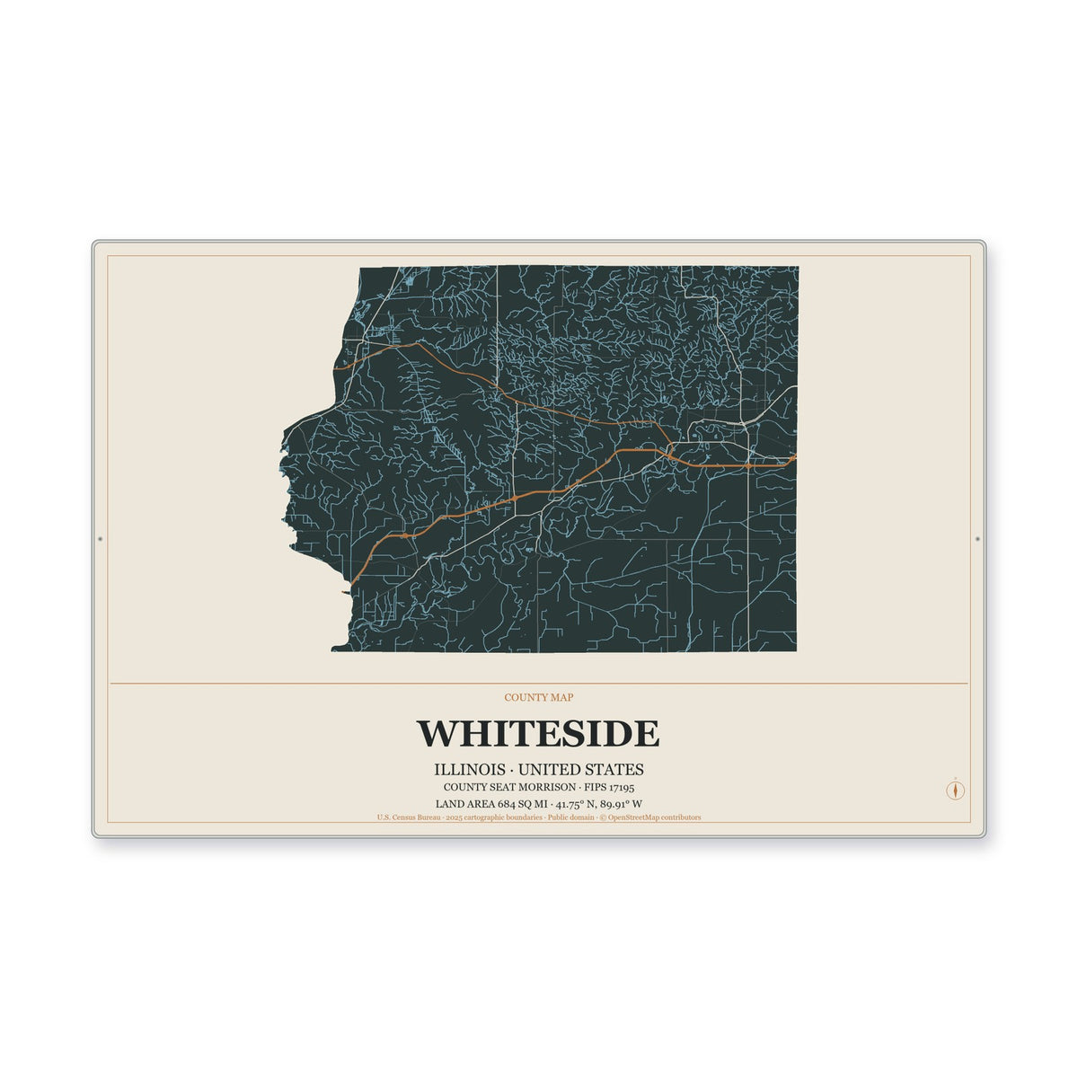 Whiteside County, Illinois Map Aluminum Sign in Headline Atlas style
