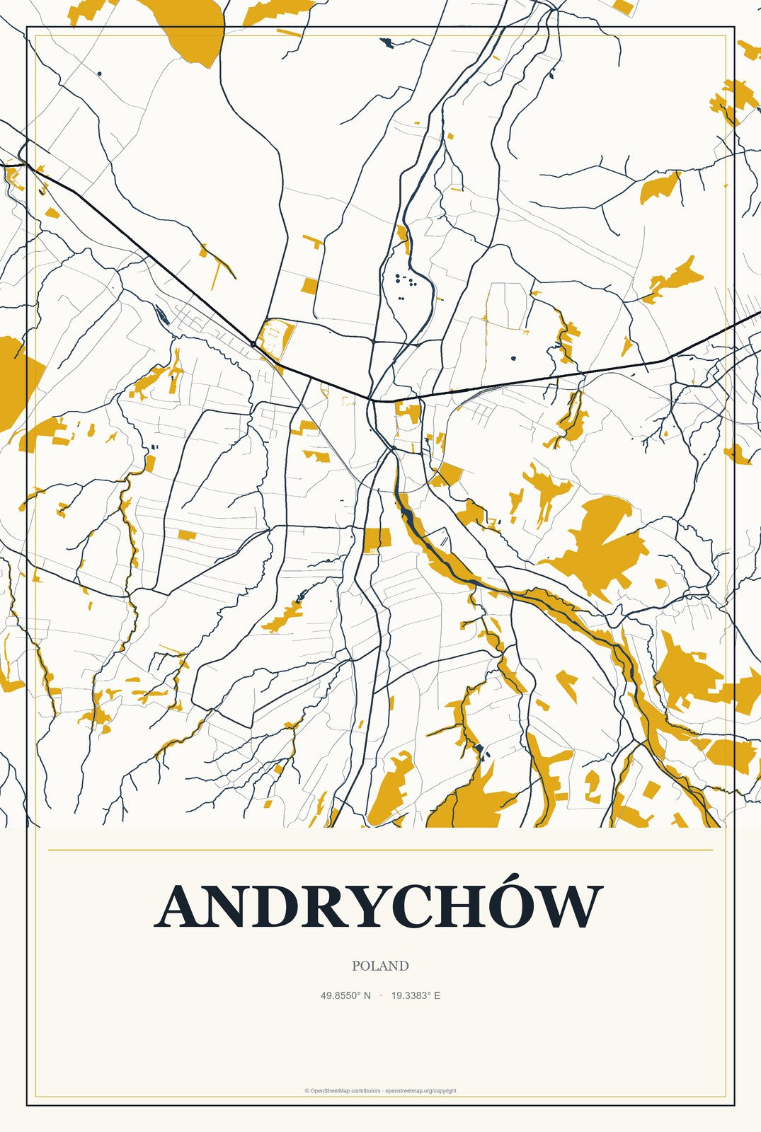Andrychów, Poland City Map Aluminum Sign in Citrine Modern style