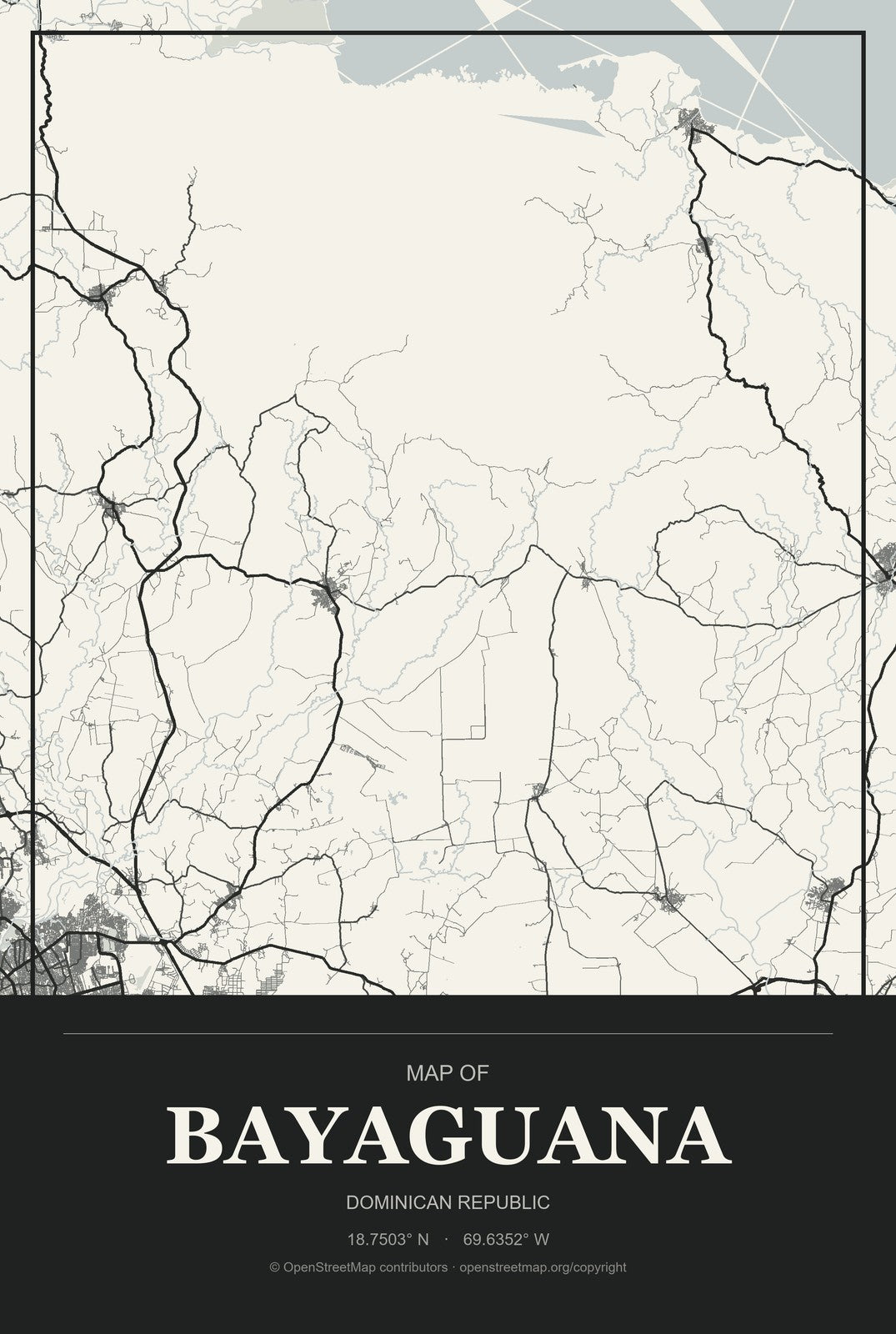 Bayaguana, Dominican Republic City Map Aluminum Sign in Museum Plaque style