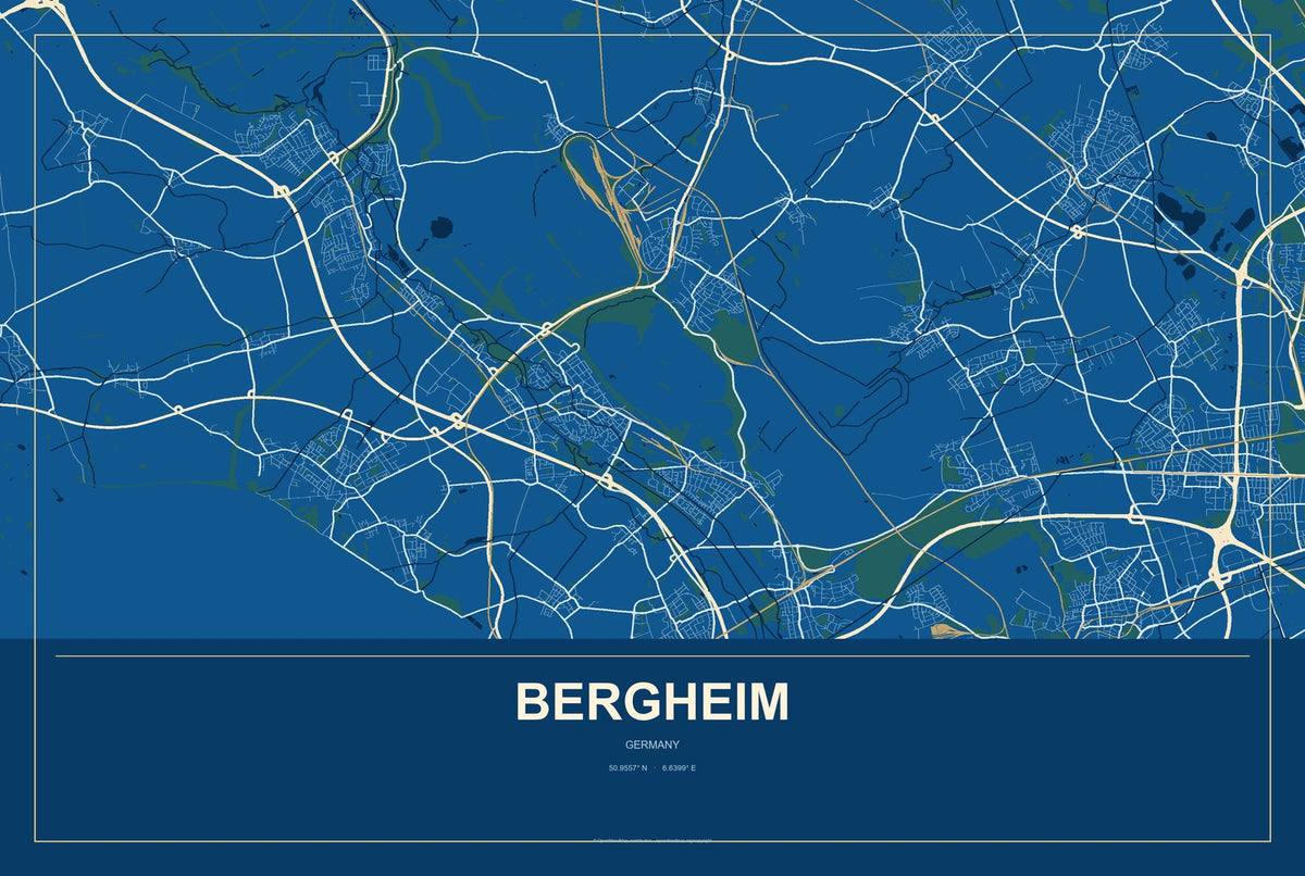 Bergheim, Germany City Map Aluminum Sign in Harbor Cobalt style