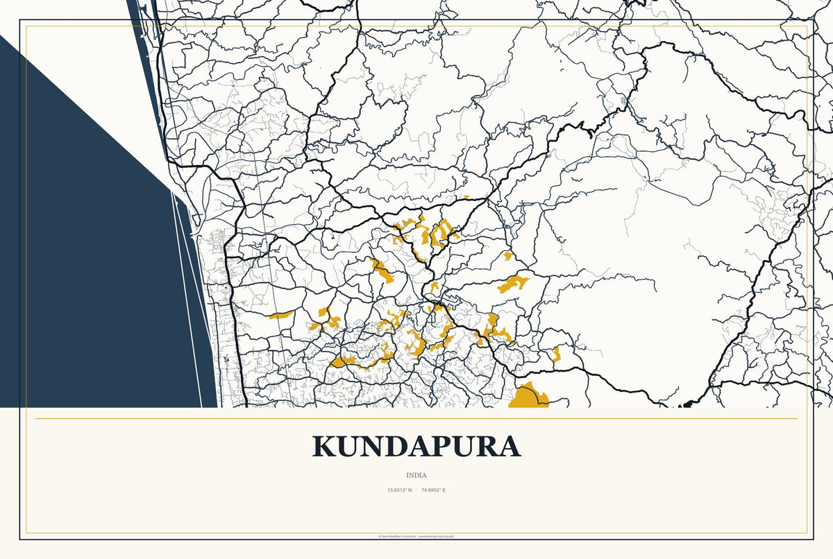 Kundapura, India City Map Aluminum Sign in Citrine Modern style