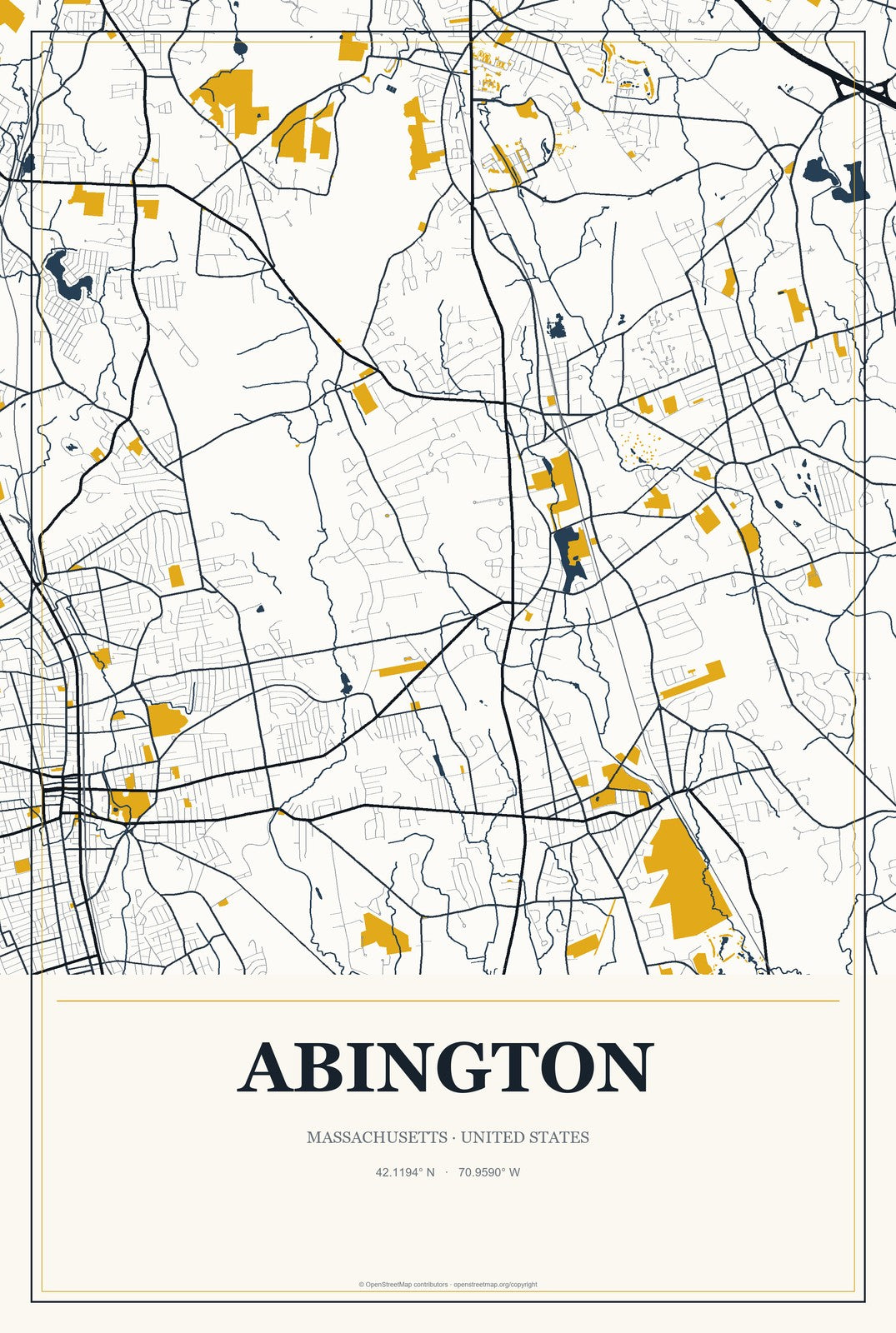 Abington, Massachusetts City Map Aluminum Sign in Citrine Modern style