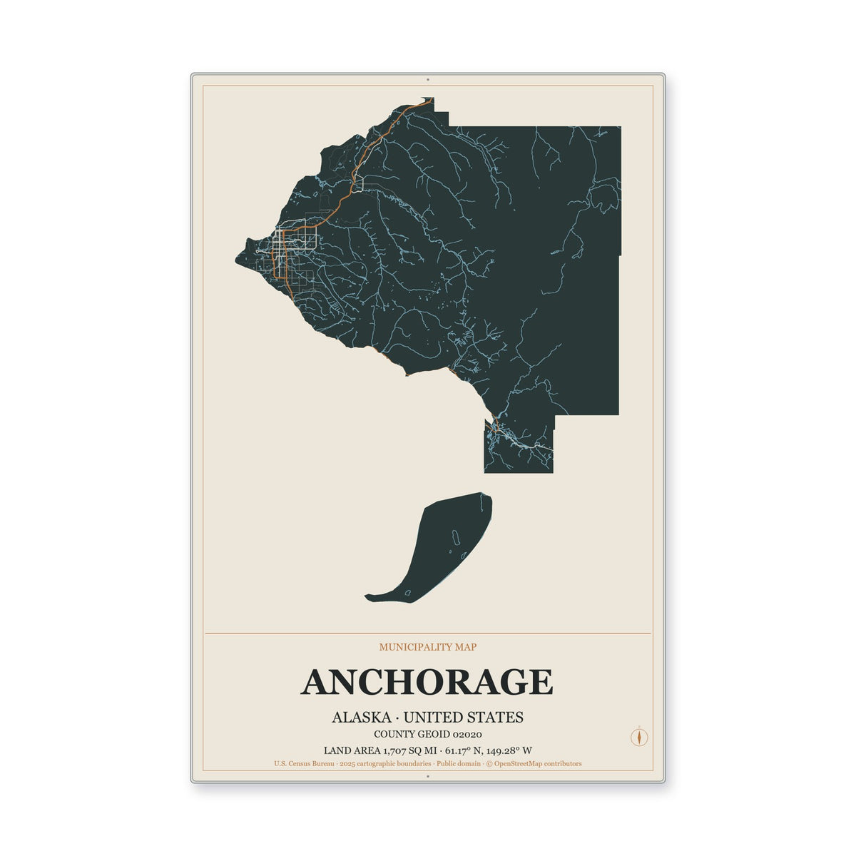 Anchorage Municipality, Alaska Map Aluminum Sign in Headline Atlas style
