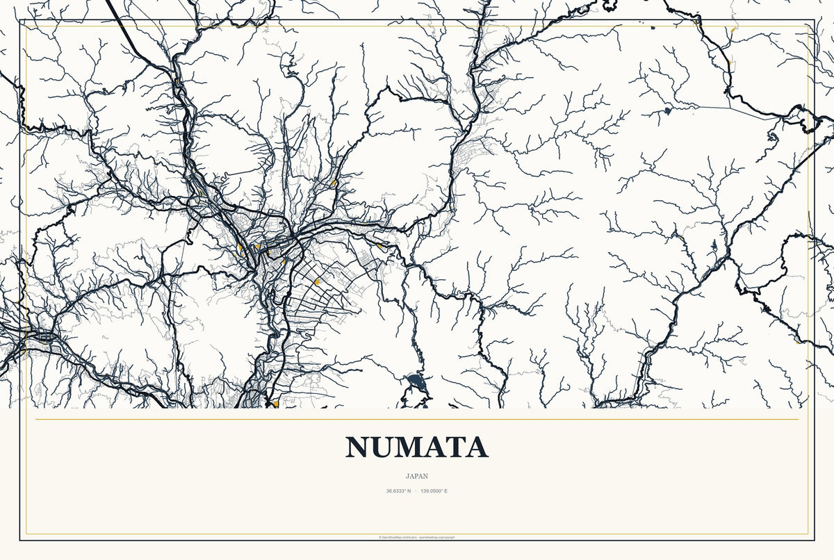 Numata, Japan City Map Aluminum Sign in Citrine Modern style