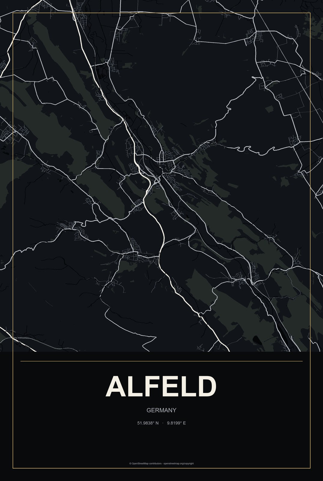 Alfeld, Germany City Map Aluminum Sign in Metropolitan Noir style