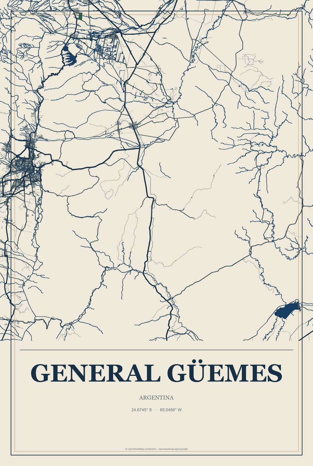 General Güemes, Argentina City Map Aluminum Sign in Coastal Cutout style