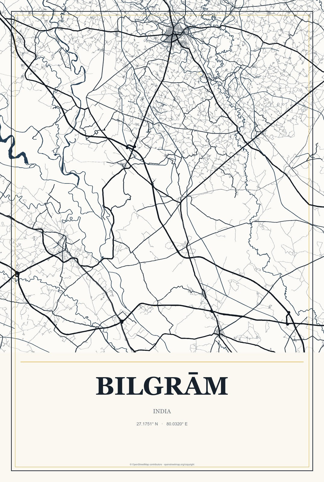 Bilgrām, India City Map Aluminum Sign in Citrine Modern style
