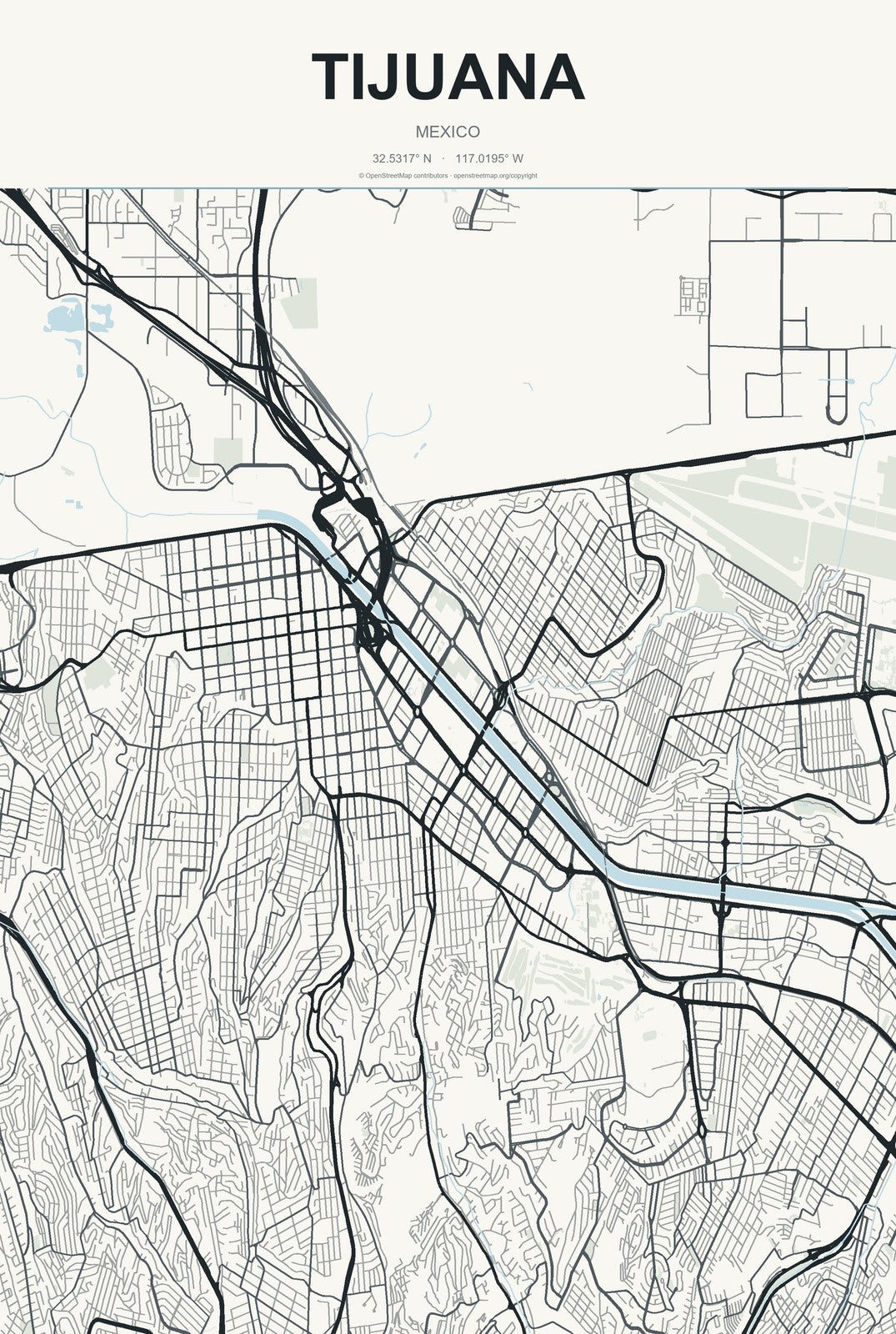 Tijuana, Mexico City Map Aluminum Sign in Headline Atlas style