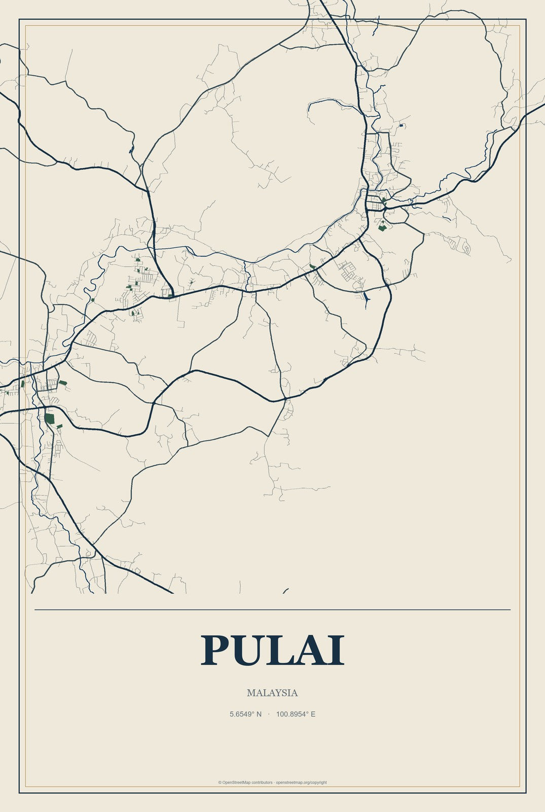 Pulai, Malaysia City Map Aluminum Sign in Coastal Cutout style