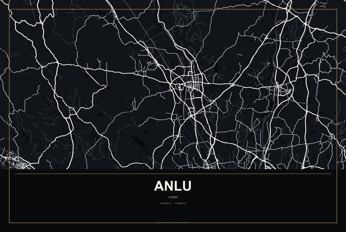 Anlu, China City Map Aluminum Sign in Metropolitan Noir style