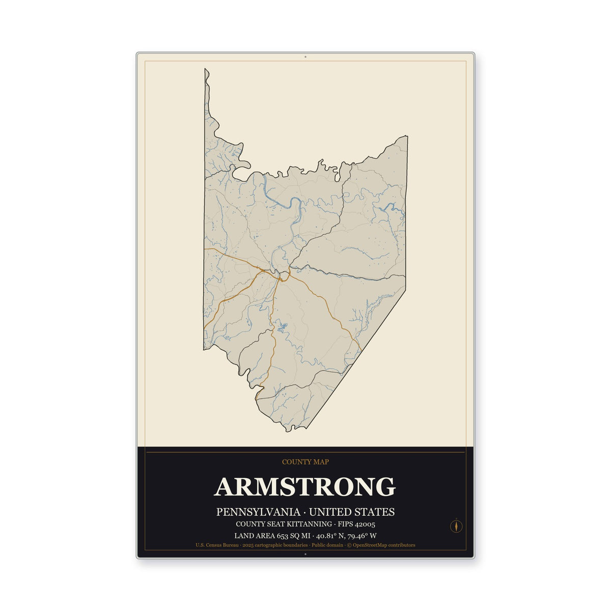 Armstrong County, Pennsylvania Map Aluminum Sign in Museum Plaque style