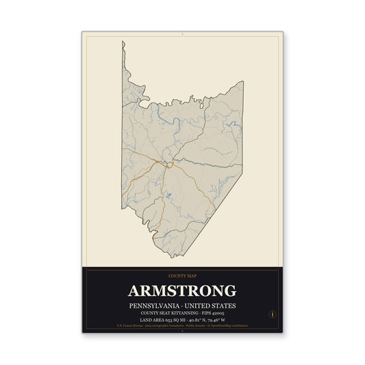 Armstrong County, Pennsylvania Map Aluminum Sign in Museum Plaque style