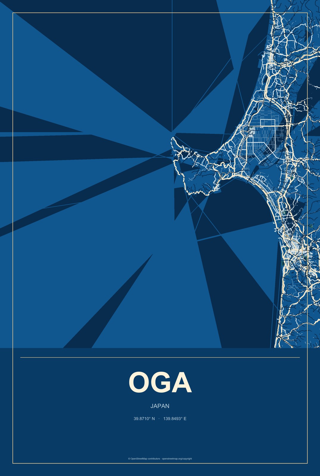 Oga, Japan City Map Aluminum Sign in Harbor Cobalt style