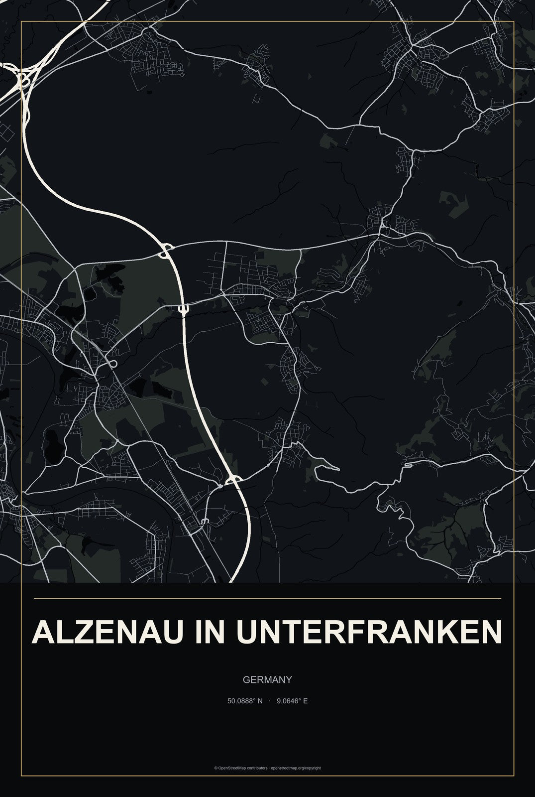 Alzenau in Unterfranken, Germany City Map Aluminum Sign in Metropolitan Noir style