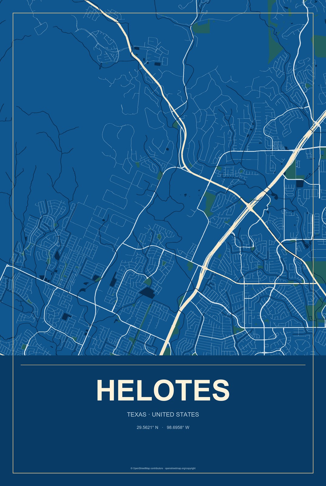 Helotes, Texas City Map Aluminum Sign in Harbor Cobalt style
