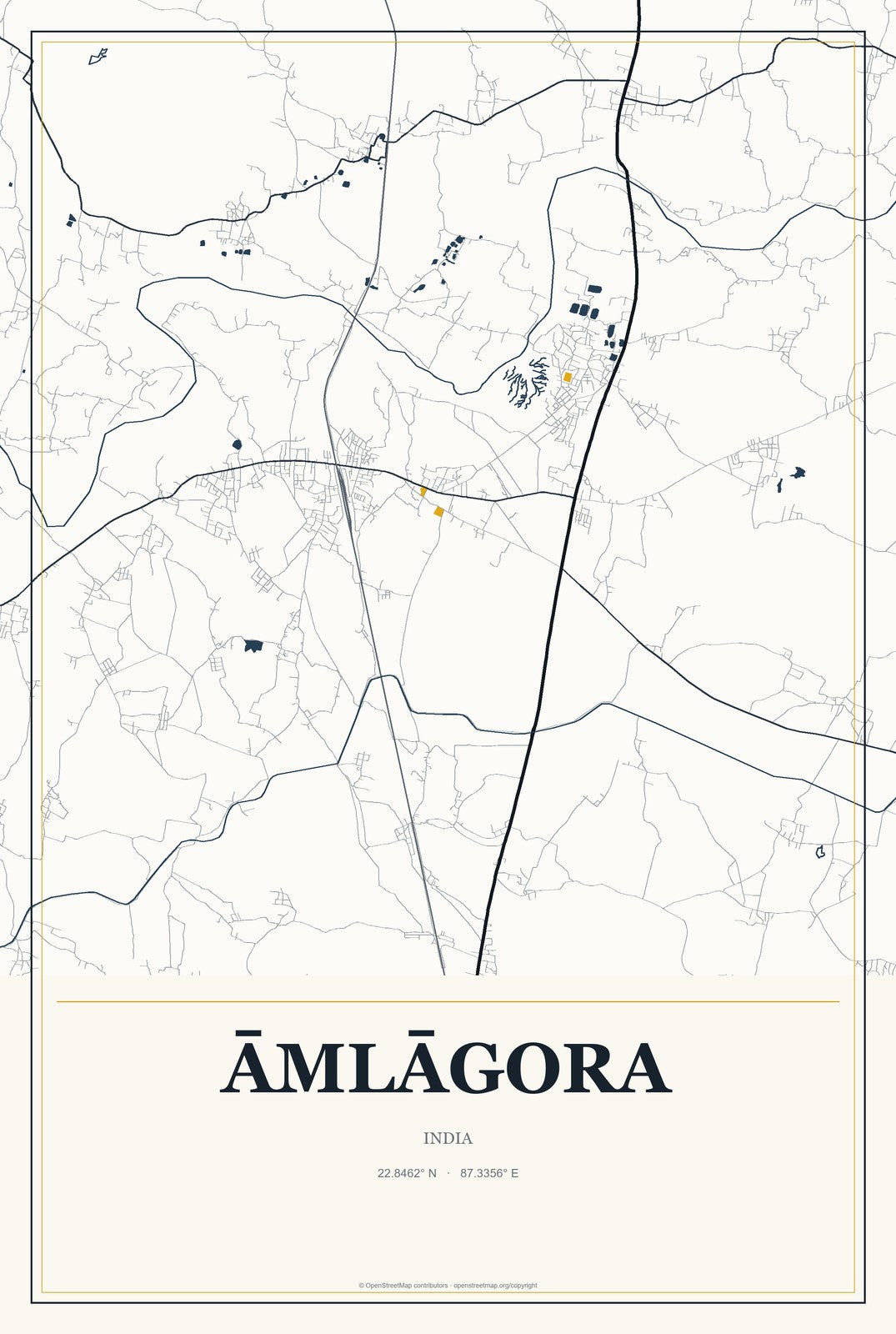 Āmlāgora, India City Map Aluminum Sign in Citrine Modern style