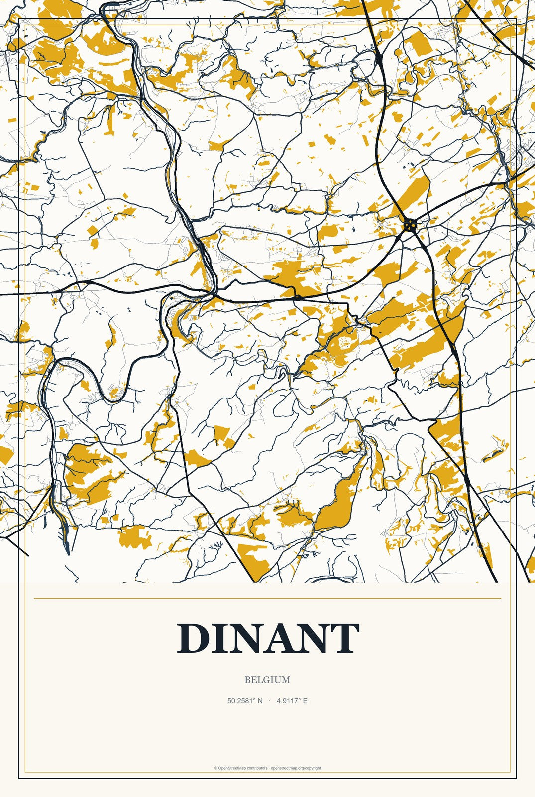 Dinant, Belgium City Map Aluminum Sign in Citrine Modern style