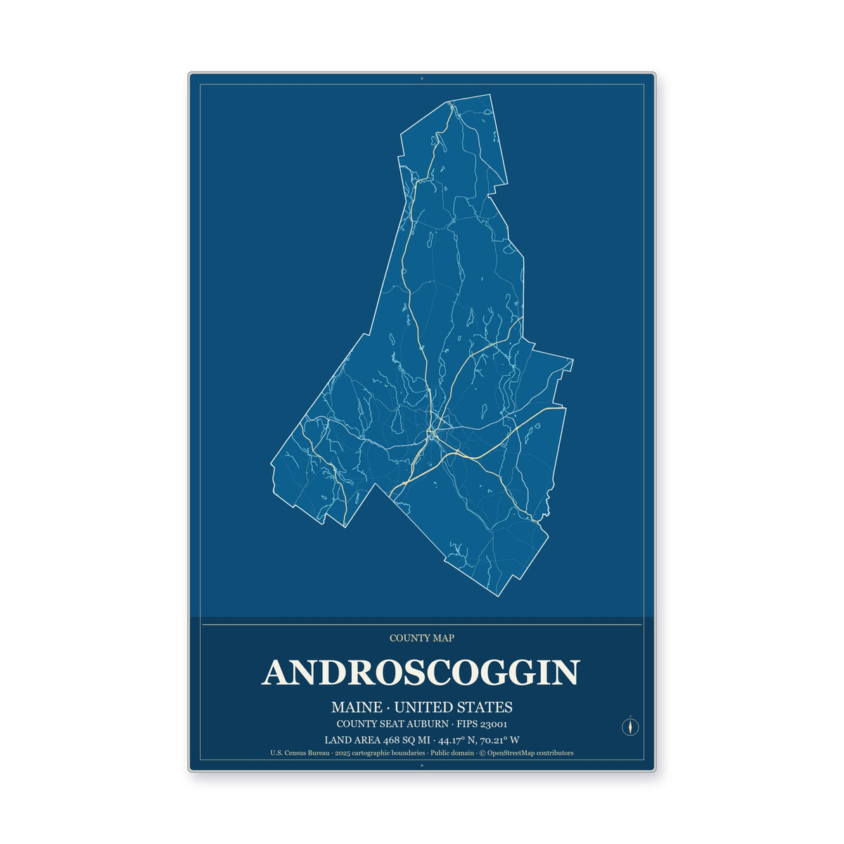 Androscoggin County, Maine Map Aluminum Sign in Harbor Cobalt style