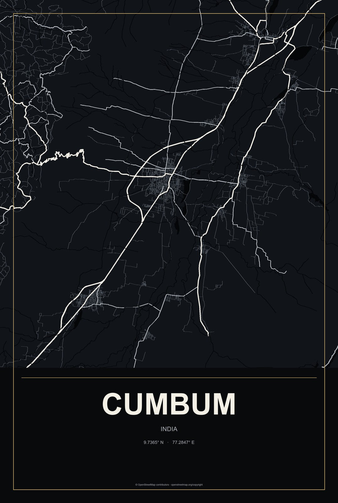 Cumbum, Tamil Nadu, India City Map Aluminum Sign in Metropolitan Noir style